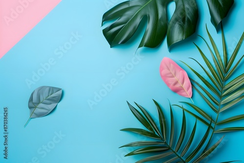 Tropical Leaves Arranged On Blue and Pink Background. Generative AI