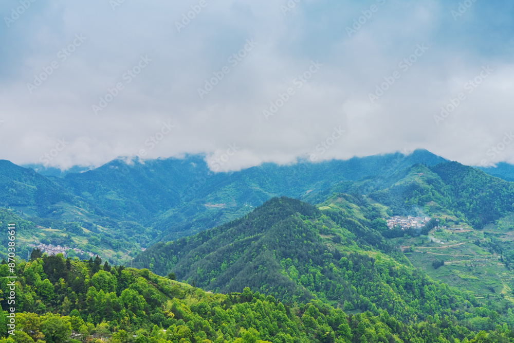 Fototapeta premium Shooting Beautiful Villages in High Mountain Canyon of Anhui Province, China from the Sky