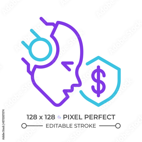 AI protects two color line icon. Credit card fraud detection. Artificial intelligence solution. Bank security bicolor outline symbol. Duotone linear pictogram. Isolated illustration. Editable stroke