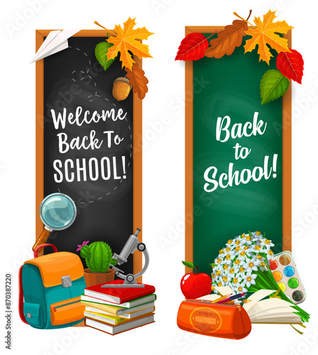 Back to school vertical banners with school supplies, including a microscope, books, backpack and autumn leaves, welcoming students to the new school year. Vector vertical educational cards, bookmarks