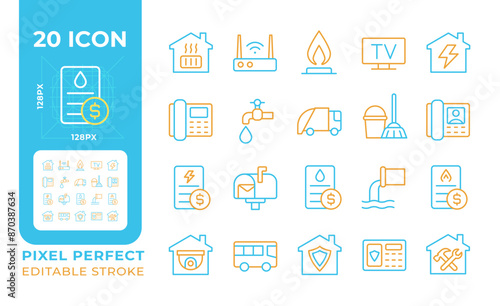 Public utilities two color line icons set. Water, gas and electricity supply. House heating system bicolor outline iconset isolated. Duotone pictograms thin linear. Editable stroke