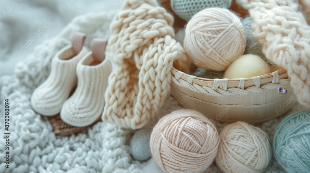 Knitting baby booties and wool yarns on pale pastel background. Hand-made socks for the baby Knitting baby booties and wool yarns on pale pastel background. Hand-made socks for the baby