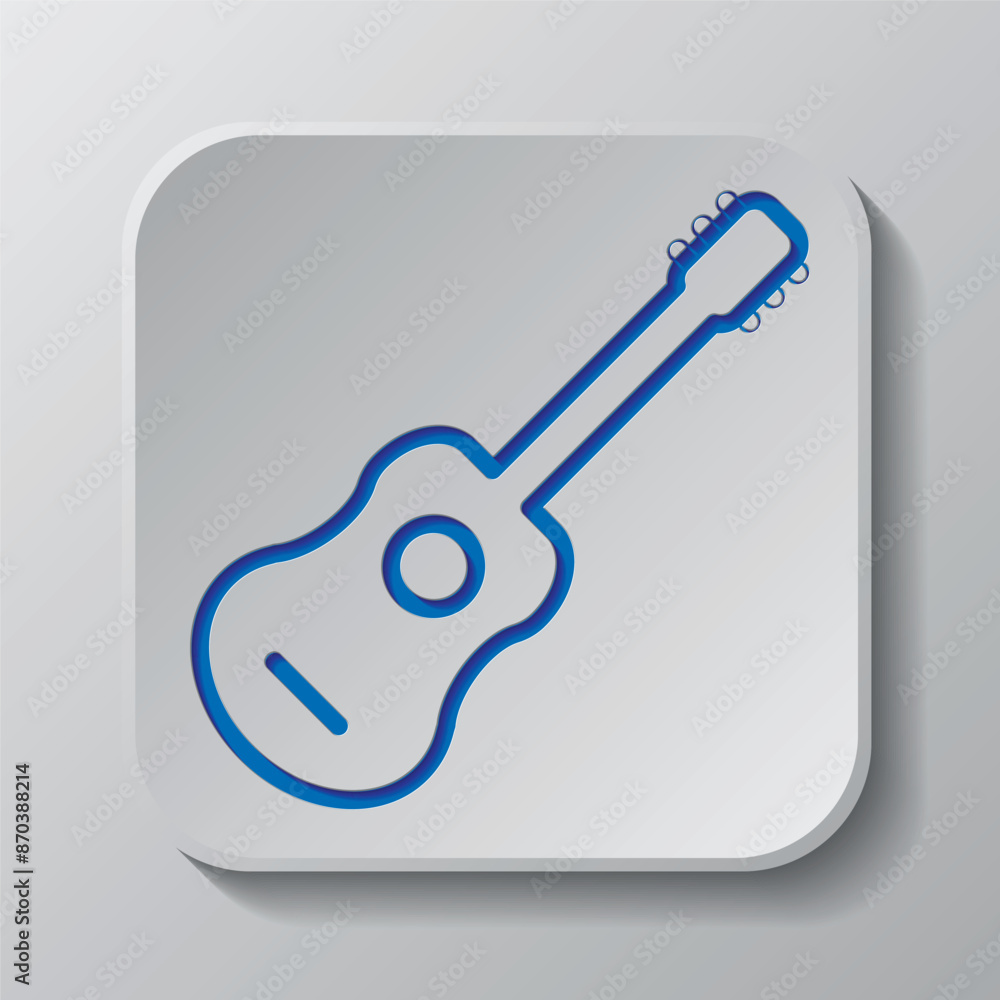 Guitar simple icon. Flat design. Paper cut design. Cutted blue symbol with shadow. Gray badge button, gray background Guitar simple icon. Flat design. Paper cut design. Cutted blue symbol with shadow. Gray badge button, gray background