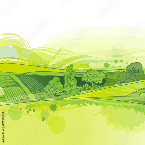 Vector sketch Green grass field on small hills. Meadow, alkali, lye, grassland, pommel, lea, pasturage, farm. Rural scenery landscape panorama of countryside pastures. Watercolor illustration