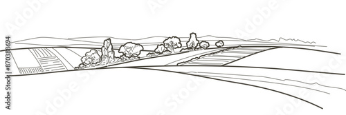 Vector sketch Green grass field on small hills. Meadow, alkali, lye, grassland, pommel, lea, pasturage, farm. Rural scenery landscape panorama of countryside pastures. Sketch line realistic illustrati