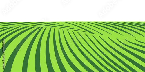Farm field landscape on small hills. Furrows pattern in a plowed prepared for crops planting. Rows of soil, rural countryside perspective horizon view. Vector engraving sketch illustration.