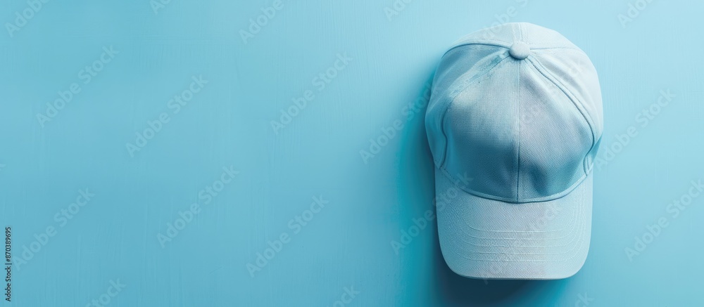 Top view of a baseball cap placed on a light blue surface with space available for text in the image. copy space available Top view of a baseball cap placed on a light blue surface with space available for text in the image. copy space available