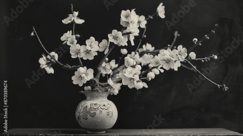 A vase of white flowers sits on a table. The flowers are arranged in a way that makes them look like they are reaching out to the viewer. The vase is white and has a delicate design