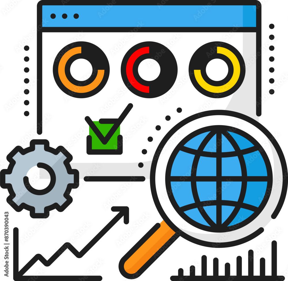Web development vacancy, web analyst career, IT specialist job line color icon. Web development career, IT technology data analysis outline vector icon with diagram, browser and magnifying glass Web development vacancy, web analyst career, IT specialist job line color icon. Web development career, IT technology data analysis outline vector icon with diagram, browser and magnifying glass