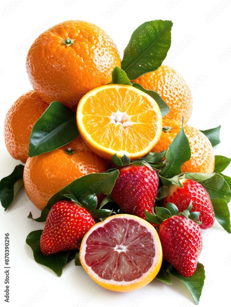 A pile of fruit including oranges, strawberries, and a grapefruit. The fruit is arranged in a way that makes it look like a tower A pile of fruit including oranges, strawberries, and a grapefruit. The fruit is arranged in a way that makes it look like a tower