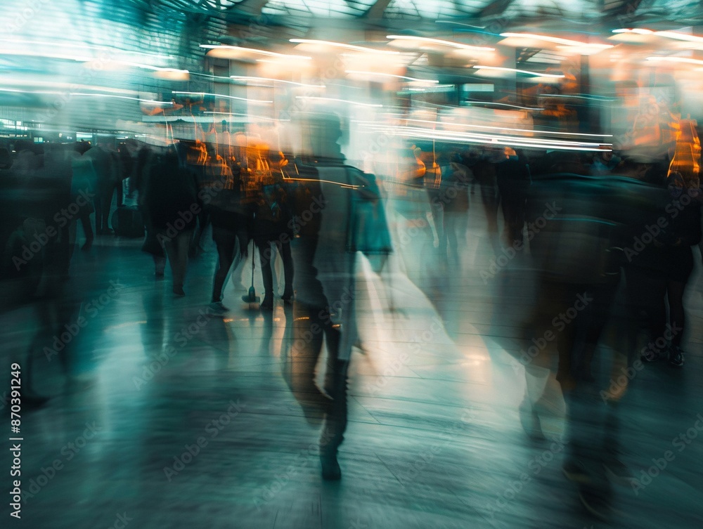 a group of people walking in a building a group of people walking in a building