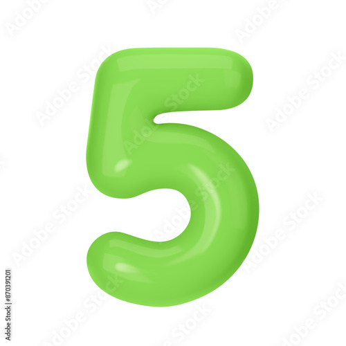 Numeral 5 - Green Plastic Balloon Number five Isolated on White Background. 3D Style Vector Illustration