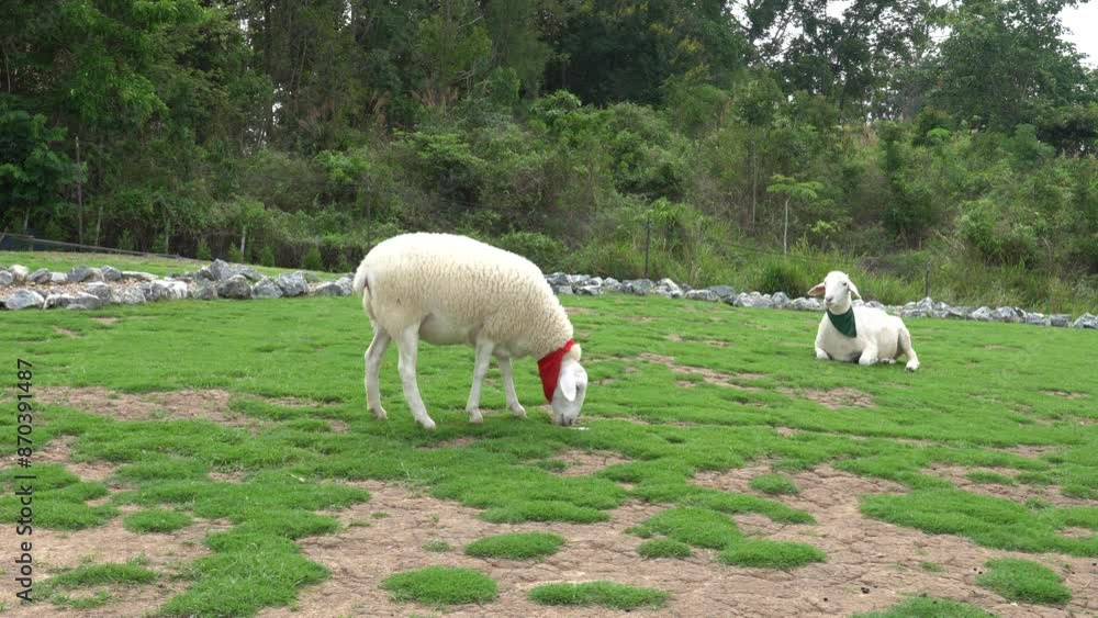 Farm animal sheep walking, resting, eating grass freely in farmland