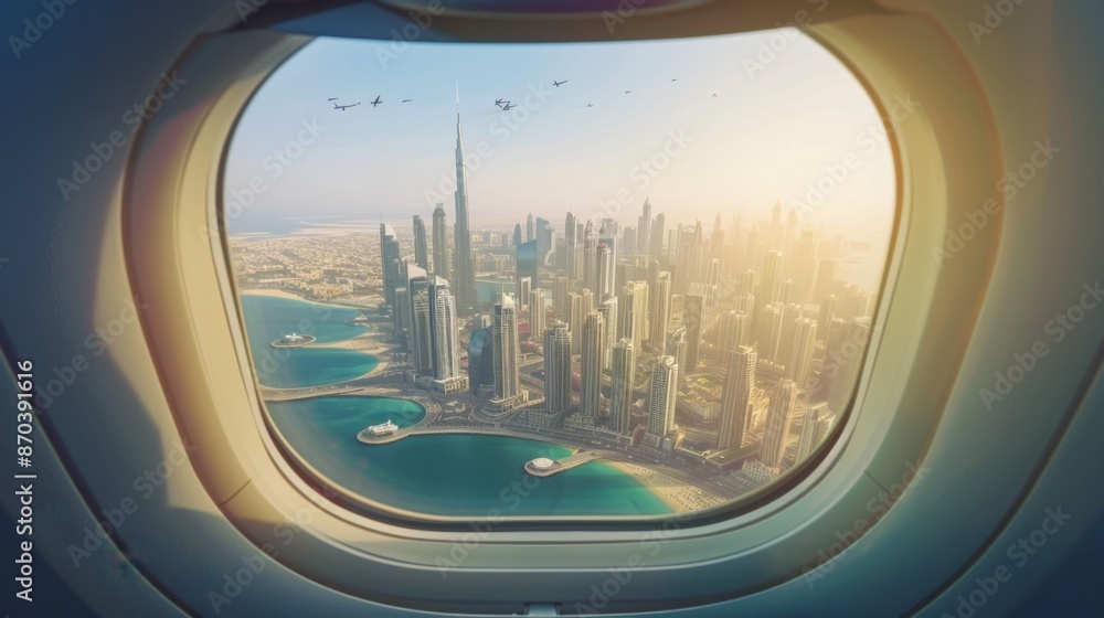Fototapeta premium Aerial View of Dubai Skyline from Airplane Window