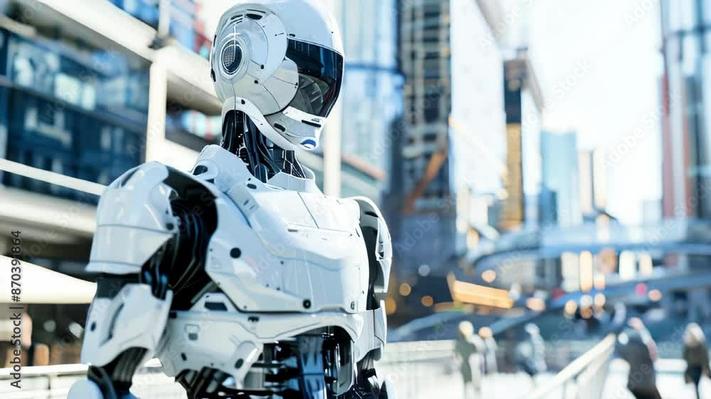 A futuristic humanoid robot in an urban setting A futuristic humanoid robot in an urban setting