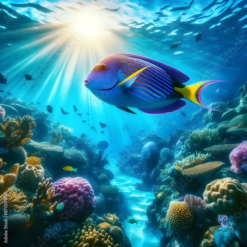 vibrant marine life under a sunny sky. 