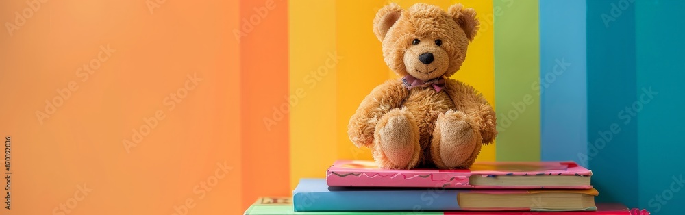 Colorful Stack of Children's Books with Bear Toy Colorful Stack of Children's Books with Bear Toy