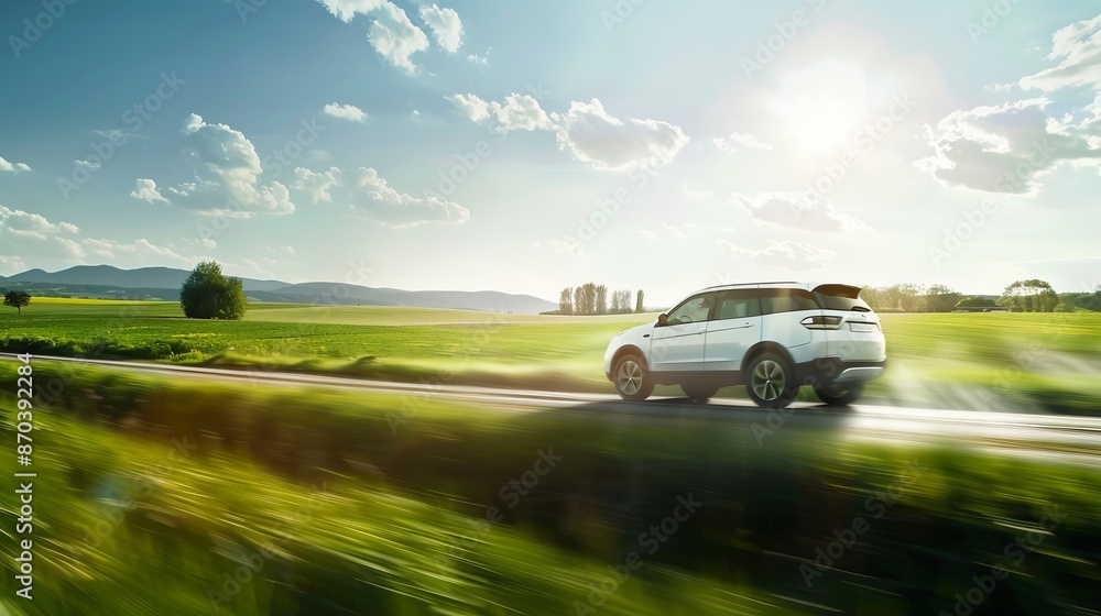 Fototapeta premium White SUV driving through scenic landscape on sunny day. Captures beauty of nature and travel. Perfect for concepts of freedom, adventure, and relaxation.