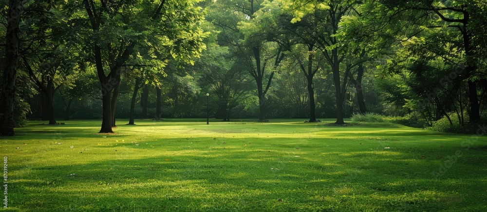 Obraz premium Empty template with a lush green park featuring trees, ideal for a copy space image; nature-themed wallpaper illustrating environmental awareness.