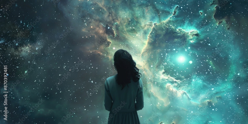 Fototapeta premium A woman stands in front of a large, colorful nebula. Concept of wonder and awe at the vastness of the universe