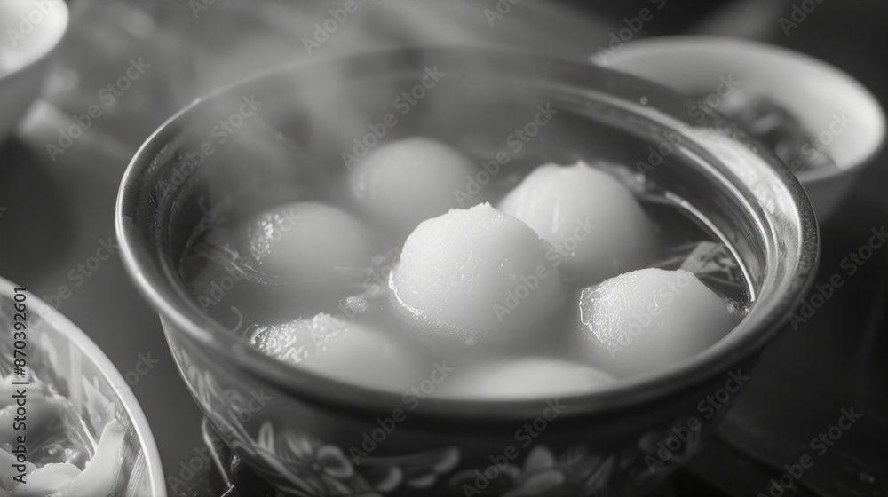 A bowl of food with steam coming out of it. The bowl is filled with small balls of food A bowl of food with steam coming out of it. The bowl is filled with small balls of food