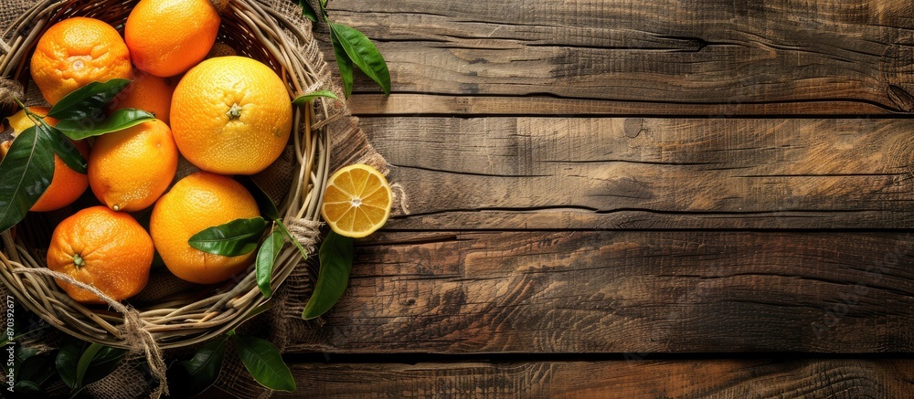Citrus fruits with leaves in a basket over a rustic wooden background, providing space for an image. copy space available Citrus fruits with leaves in a basket over a rustic wooden background, providing space for an image. copy space available