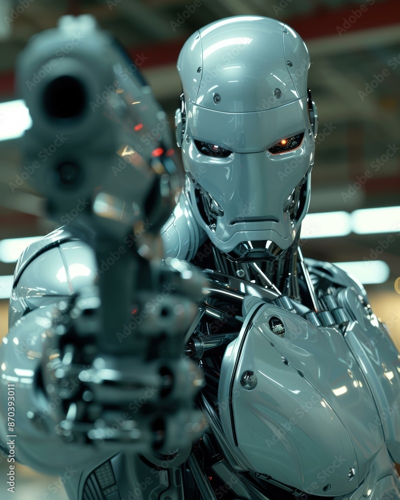 Fototapeta premium A close-up of a robot holding a gun. AI.