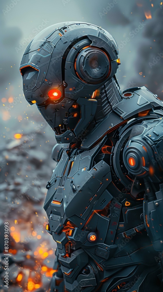 A dark and mysterious robot stands in a fiery, post-apocalyptic landscape. AI. A dark and mysterious robot stands in a fiery, post-apocalyptic landscape. AI.