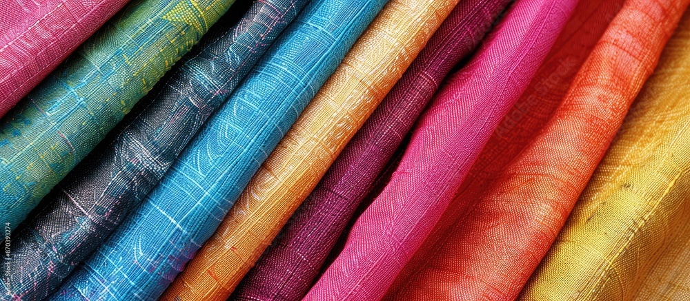 Fototapeta premium Samples of colorful fabric swatches are displayed with copy space image.