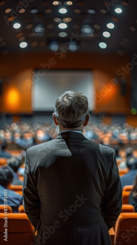 A man standing in front of a large audience. AI. © serg3d
