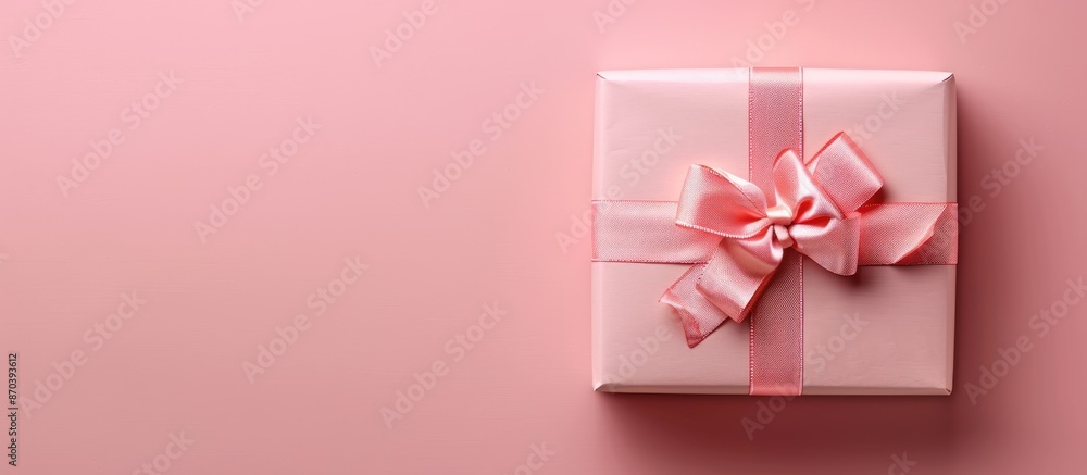 A gift box with a ribbon bow on a pink background with copy space image. A gift box with a ribbon bow on a pink background with copy space image.