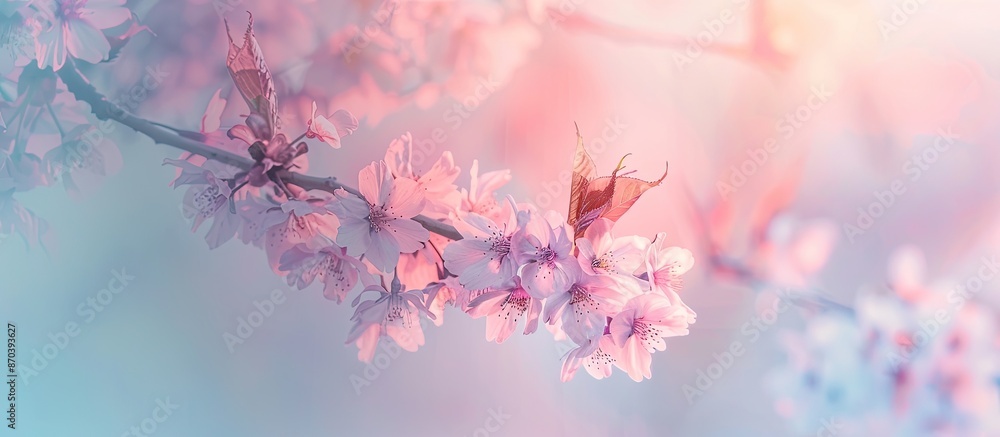 Creative concept featuring a blossoming cherry branch against a pastel backdrop, ideal for a spring-themed image with copy space. Creative concept featuring a blossoming cherry branch against a pastel backdrop, ideal for a spring-themed image with copy space.