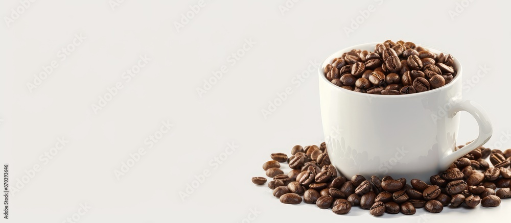 Coffee beans fill a white mug against a transparent backdrop in a copy space image. Coffee beans fill a white mug against a transparent backdrop in a copy space image.