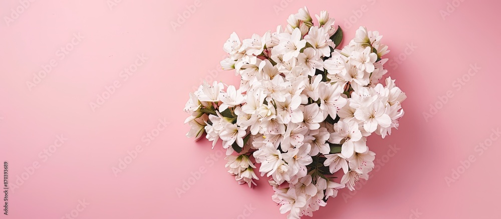 Top-down view of a white flower bouquet against a pink backdrop with space for text or images, conveying themes of love, gratitude, and celebration like Valentine's Day or birthdays Top-down view of a white flower bouquet against a pink backdrop with space for text or images, conveying themes of love, gratitude, and celebration like Valentine's Day or birthdays