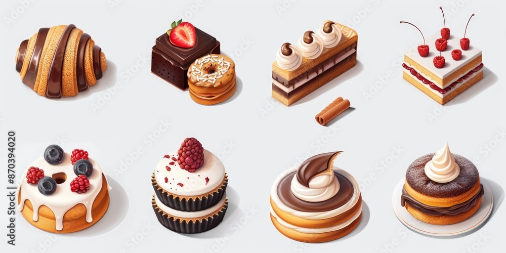 A collection of desserts including cakes, donuts, and pastries. The desserts are arranged in a row, with some of them having frosting and others having fruit toppings. Scene is sweet and indulgent A collection of desserts including cakes, donuts, and pastries. The desserts are arranged in a row, with some of them having frosting and others having fruit toppings. Scene is sweet and indulgent