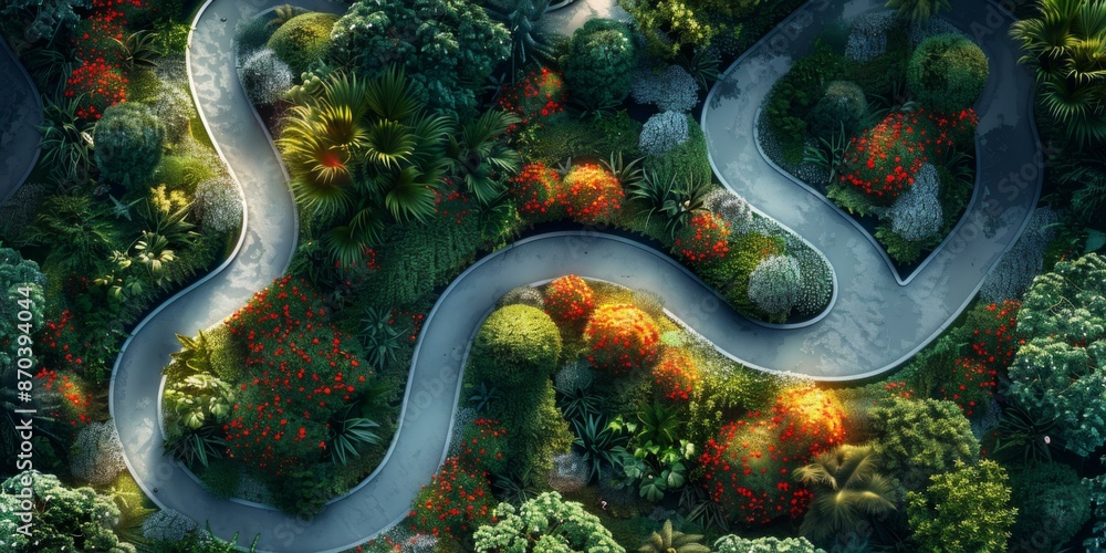 A winding path through a lush garden. AI. A winding path through a lush garden. AI.