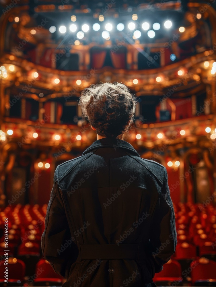 Obraz premium A woman standing on a stage looking at the empty seats. AI.