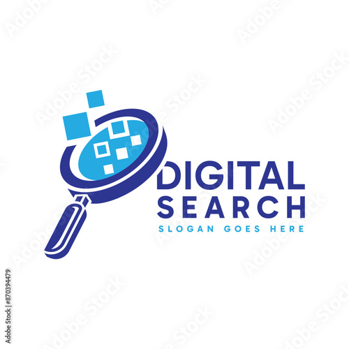 Digital Search logo design. Abstract magnifying glass combined with digital and tech element. Vector logo illustration.