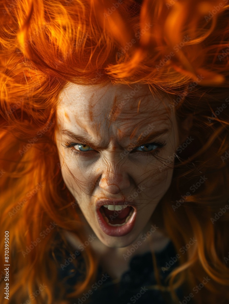 Portrait of a fierce redheaded woman screaming. AI. Portrait of a fierce redheaded woman screaming. AI.