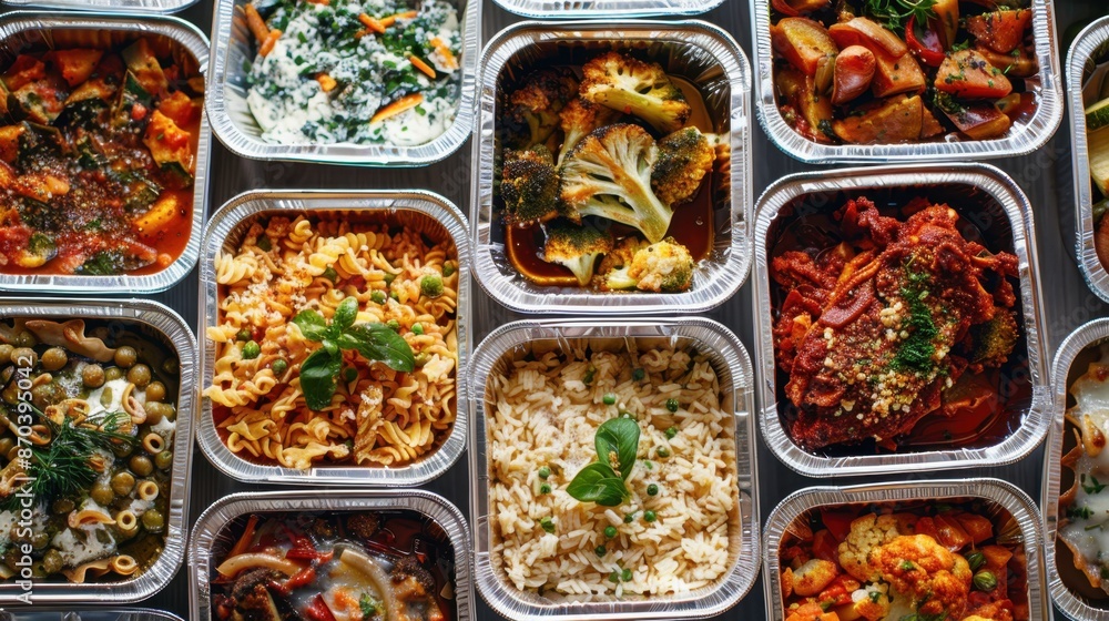 Assortment of Food in Disposable Aluminum Containers Assortment of Food in Disposable Aluminum Containers