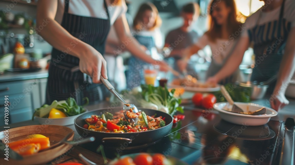 Leisure activities, friends cooking together, kitchen, preparing meal, teamwork, and fun Leisure activities, friends cooking together, kitchen, preparing meal, teamwork, and fun