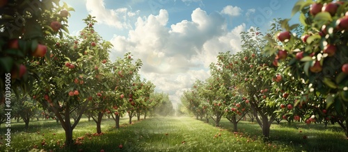 Orchard with apple trees, copy space image available.