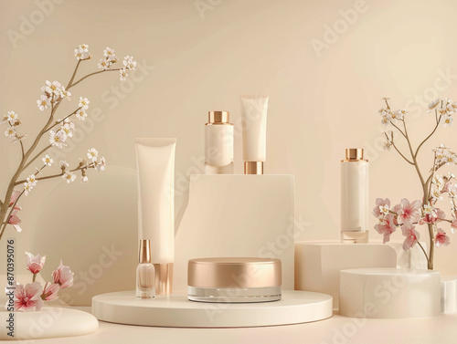 A display of cosmetics with a floral theme. The cosmetics are arranged on a white pedestal with a clear base. The display is elegant and sophisticated