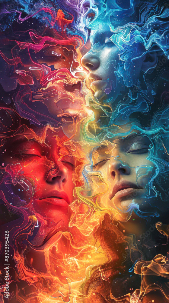 Two faces in a blend of vivid colors and swirls Two faces in a blend of vivid colors and swirls