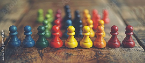 Colored pawns collaborating conceptually on a wooden table with copy space image. photo