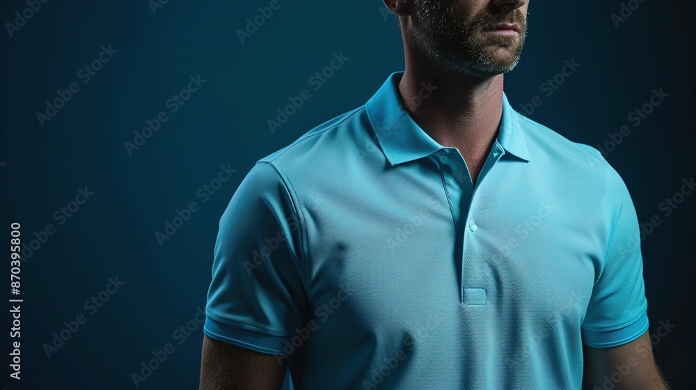 A man wearing a light blue polo shirt, standing on a solid navy background. A man wearing a light blue polo shirt, standing on a solid navy background.