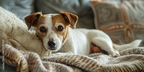 A dog is laying on a couch with a blanket on it. The dog is brown and white © vefimov