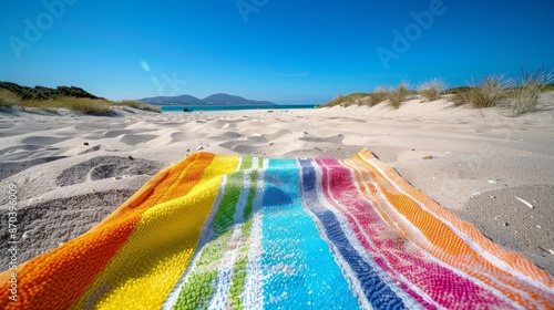 Serene Beach Day: Colorful Beach Towel under Blue Sky - Worm's Eye View Shot with Canon EOS-1D X Mark III