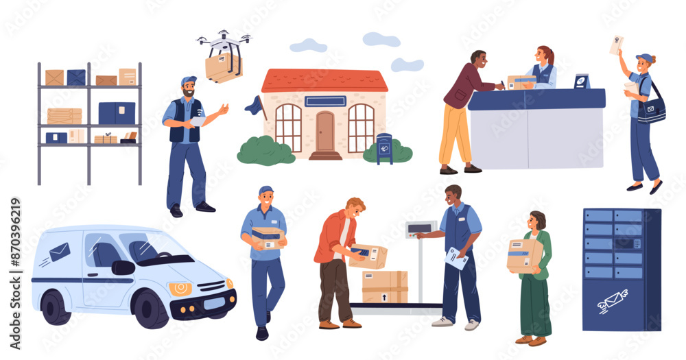 Visitors in post office. People receive and send letters. Mail carriers weighed and shipped parcel boxes. Courier in uniform. Delivery service. Correspondence shipment. Garish vector set Visitors in post office. People receive and send letters. Mail carriers weighed and shipped parcel boxes. Courier in uniform. Delivery service. Correspondence shipment. Garish vector set