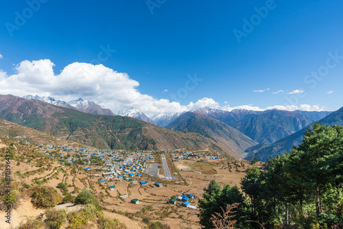 Beautiful village and airport in the Himalayas. Simikot village and airport in Humla, Nepal, gateway to Mansarovar and Kailash, Tibet. photo